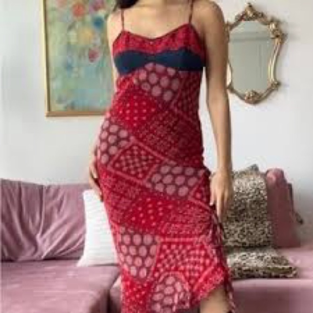 Vintage Le Chateau Red Patterned Spaghetti Strap Dress Size S